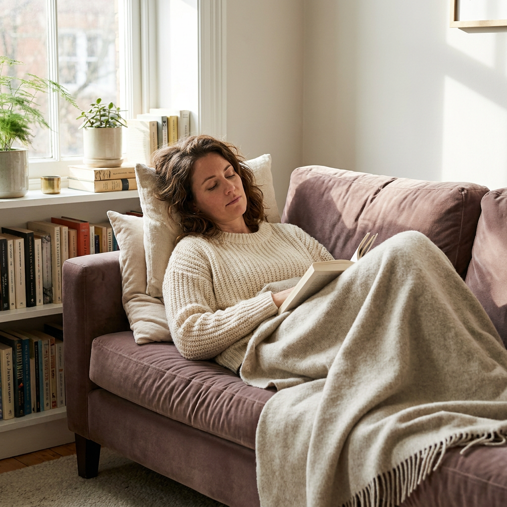 Abigail reclines on a sofa in a bedroom nook, resting after a dental sedation appointment.