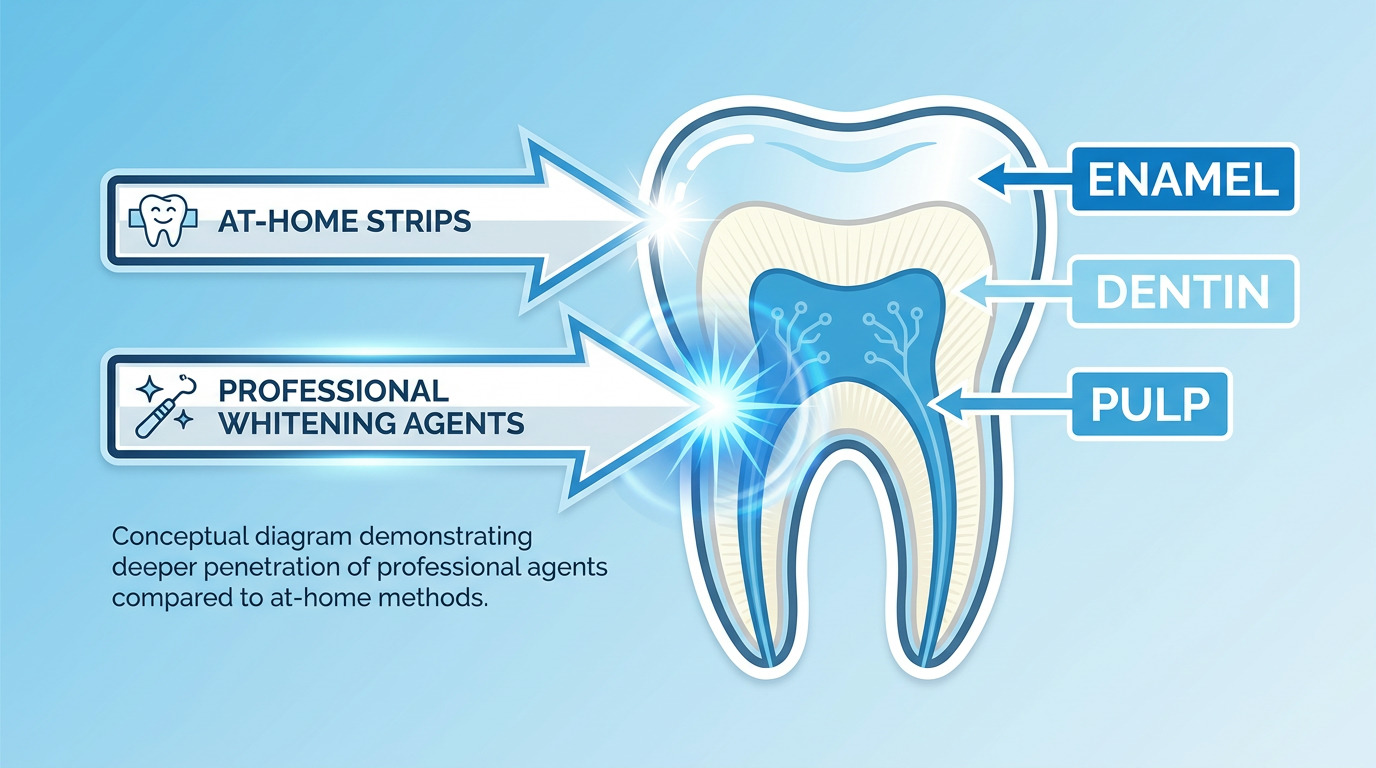 Diagram of a tooth showing enamel, dentin, and pulp layers, with arrows illustrating at-home strips penetrating the enamel and professional whitening agents penetrating deeper into the dentin.