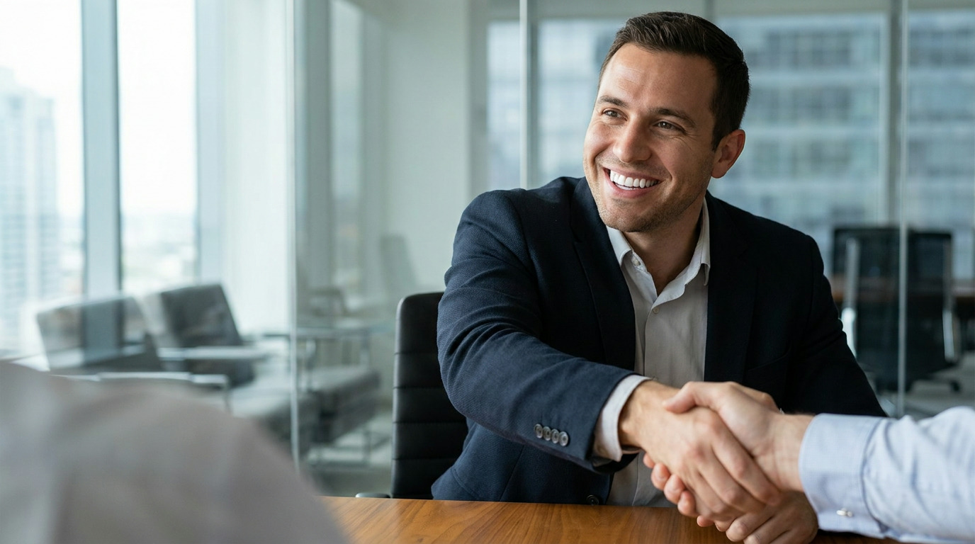 Adam, smiling and wearing a dark suit jacket over a light shirt, shakes hands with another person in a bright modern office conference room with large windows in the background.