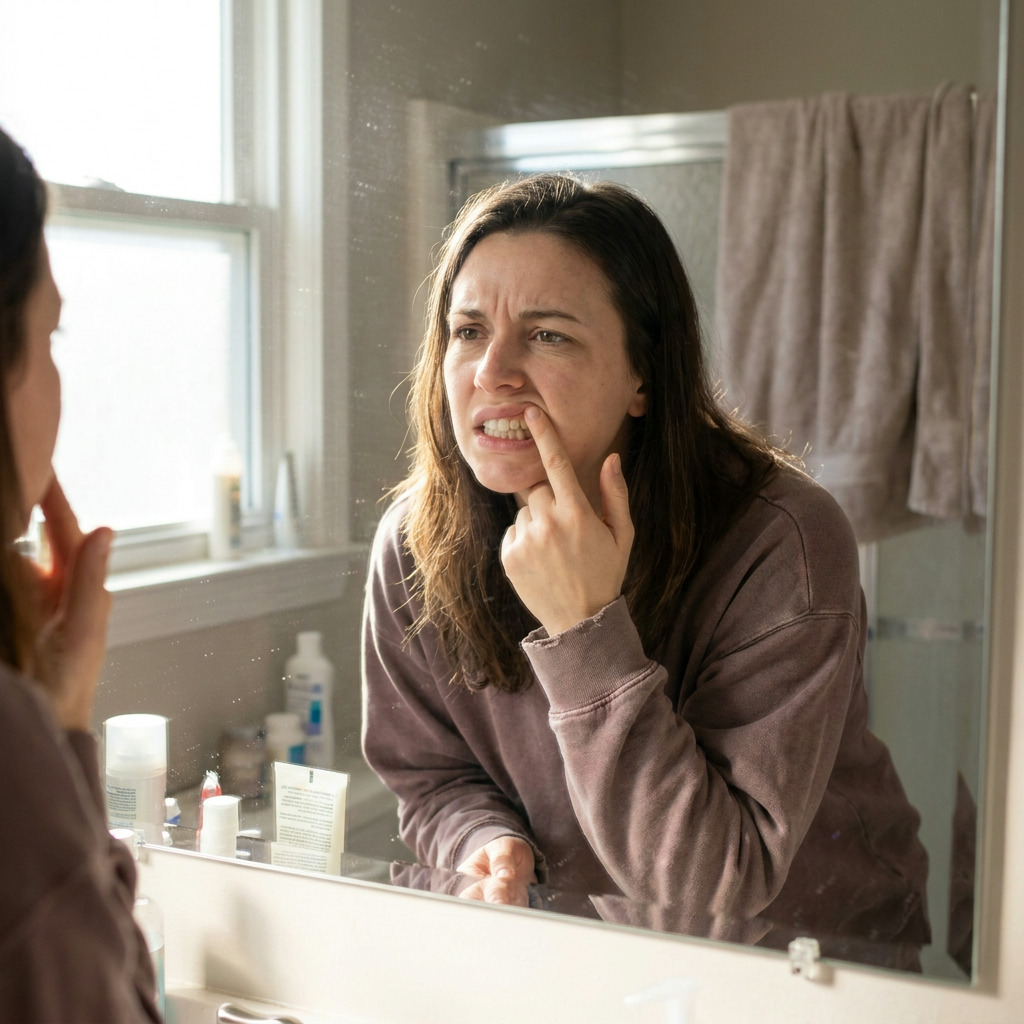 Sarah looks into a bathroom mirror, lifting her upper lip with her finger to inspect her teeth with a dissatisfied expression, with a window and shower visible in the background.