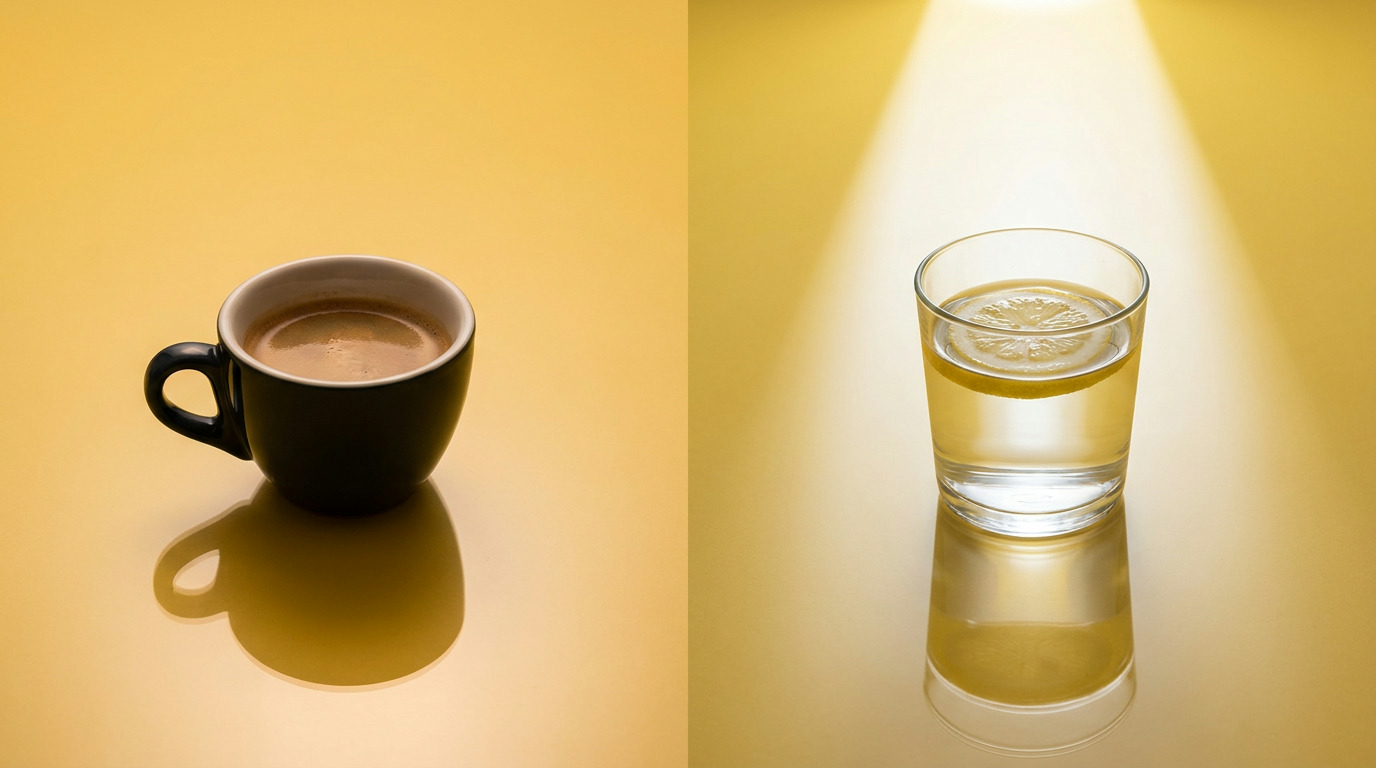 A black coffee cup with coffee is on the left, and a glass of water with a lemon slice is on the right, both on a reflective yellow surface, with a bright light shining above the glass.