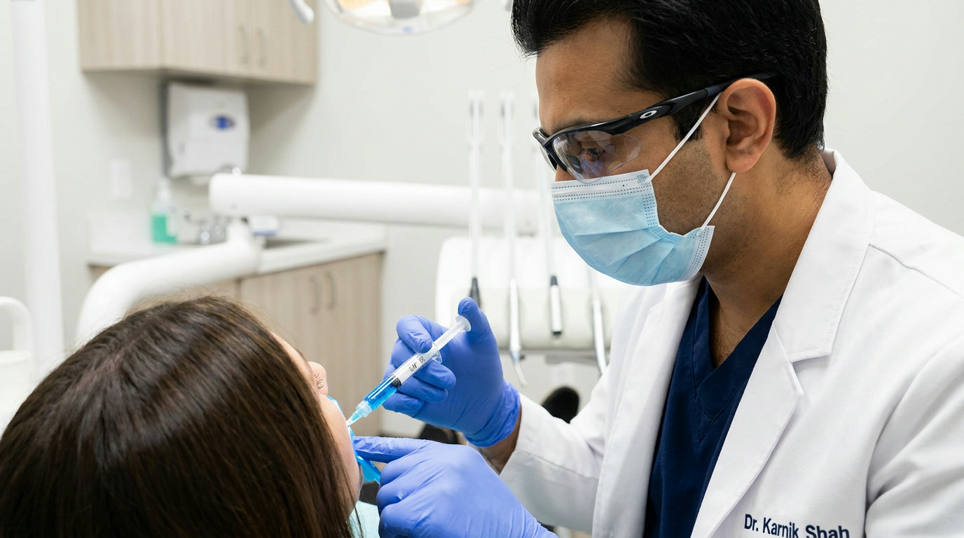 Dr. Karnik Shah, wearing a mask, safety glasses, white lab coat, and blue gloves, carefully applies a blue gel from a syringe to a patient's gumline in a brightly lit dental operatory.