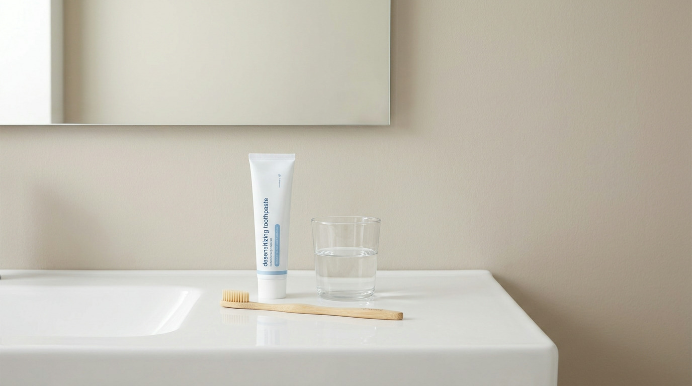 A white tube of desensitizing toothpaste, a glass of water, and a wooden toothbrush sit on a white bathroom counter with a sink, reflected in a mirror above.