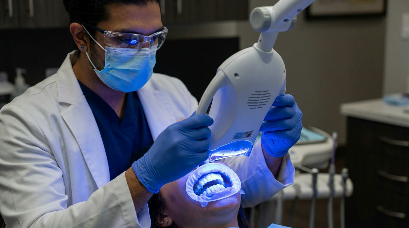 A dentist in a white lab coat, blue scrubs, mask, and safety glasses holds a dental light over a patient's open mouth with a cheek retractor.