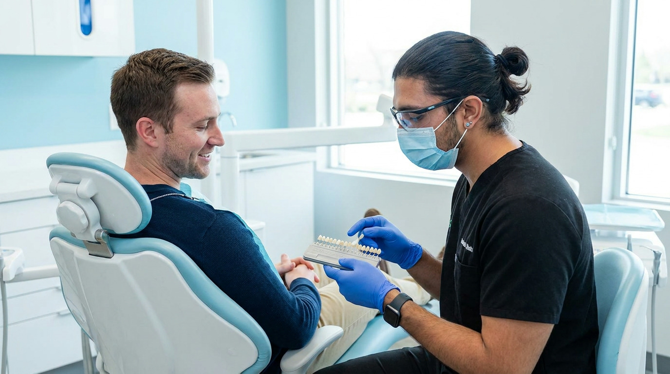 Adam sits in a dental chair, smiling at a dental professional wearing a mask and blue gloves, who holds a teeth shade guide.