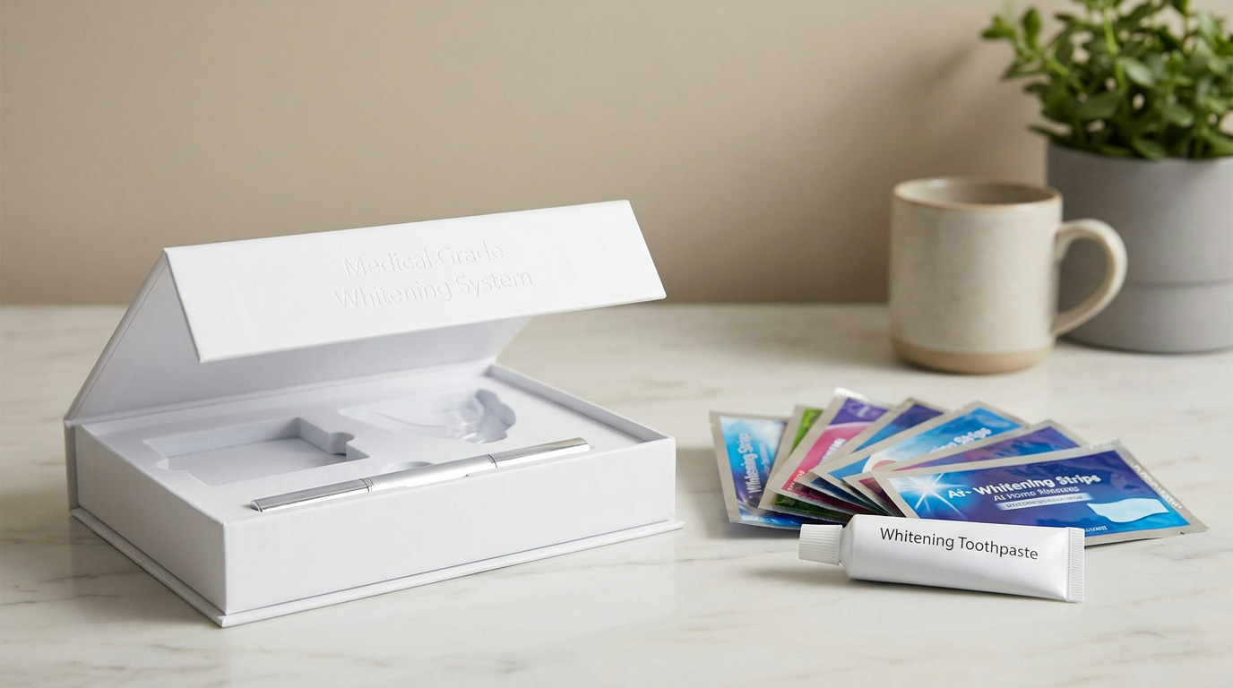 An open white box labeled "Medical Grade Whitening System" contains a silver pen and a clear tray, next to a stack of whitening strip packets and a tube of whitening toothpaste on a marble counter.