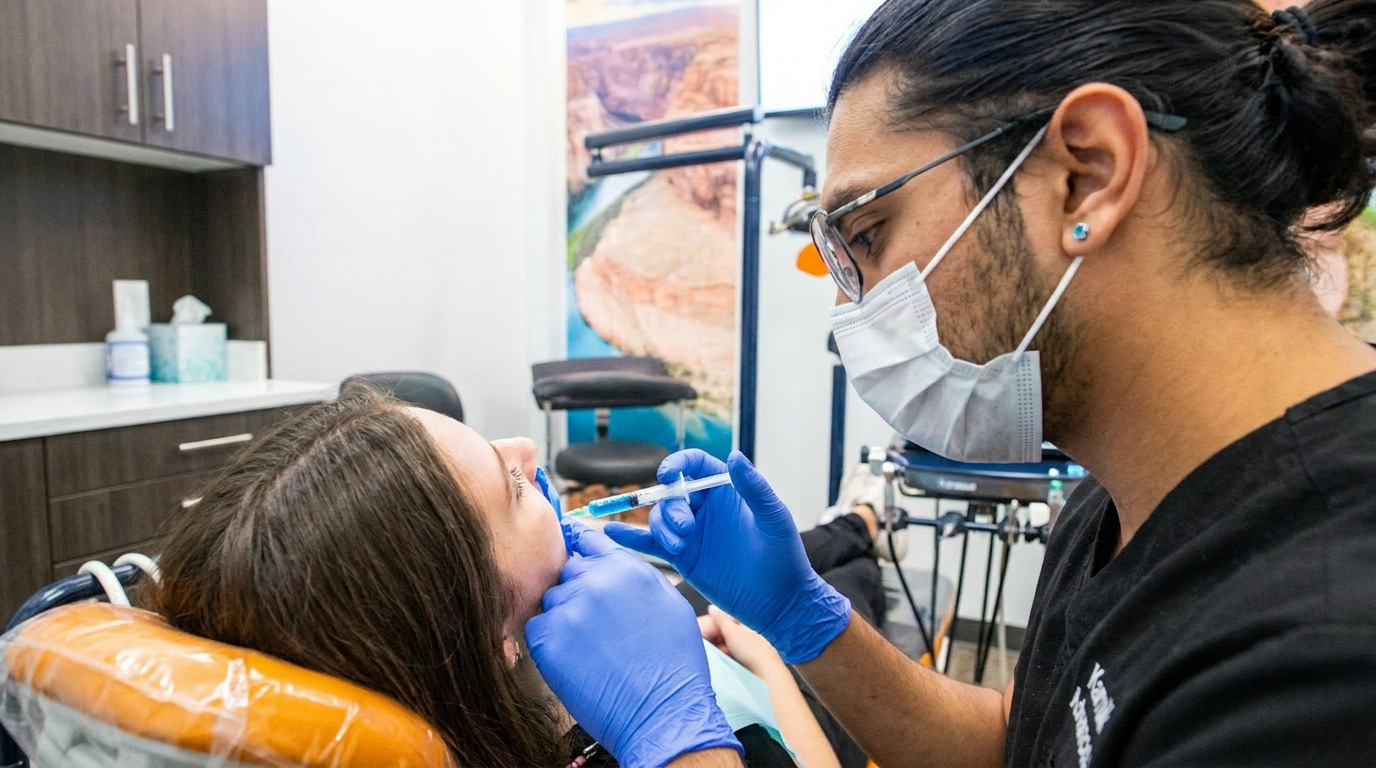 Dr. Karnik Shah, wearing a mask, safety glasses, white lab coat, and blue gloves, carefully applies a blue gel from a syringe to a patient's gumline in a brightly lit dental operatory.