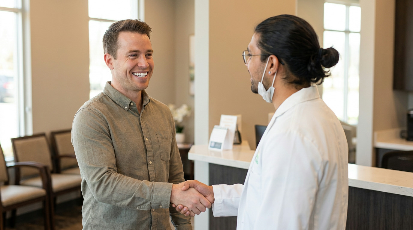 Adam, a smiling man in a green shirt, shakes hands with Dr. Shah, who wears a white lab coat and face mask, in a dental office reception area with chairs and a counter in the background.