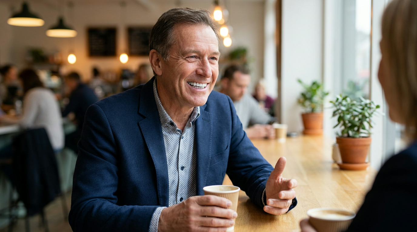 A smiling man in a blue jacket and patterned shirt holds a coffee cup, talking to another person across a wooden table in a busy cafe with potted plants.