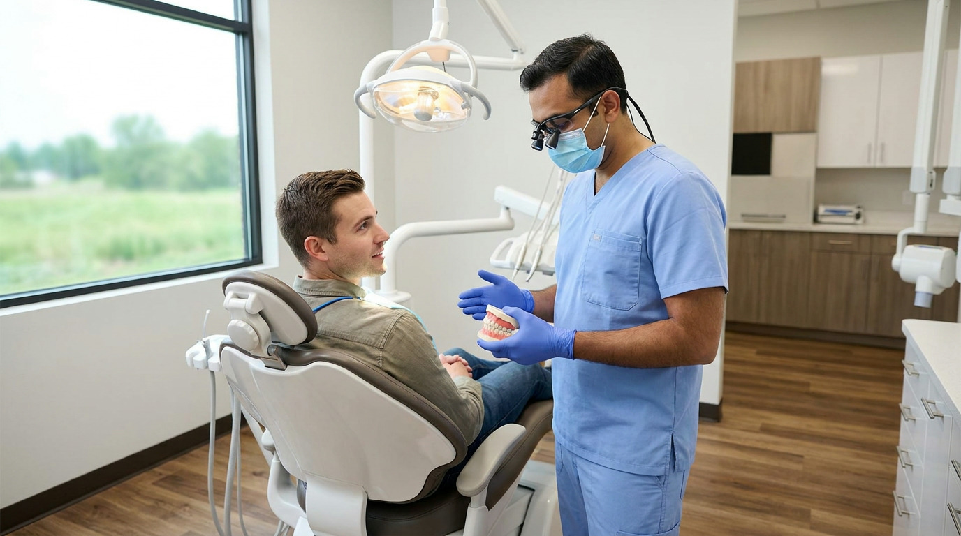 Dr. Karnik Shah in light blue scrubs, a surgical mask, and magnifying glasses holds a teeth model and gestures while speaking to a young man seated in a dental chair in a bright operatory with a large window showing a green landscape.