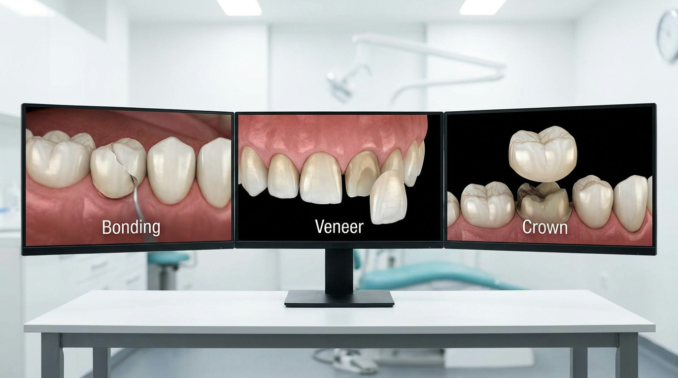 Three monitors on a white table display dental treatment comparisons: bonding a chipped tooth, applying a veneer to a discolored tooth, and placing a crown on a damaged tooth, all in a dental office setting.