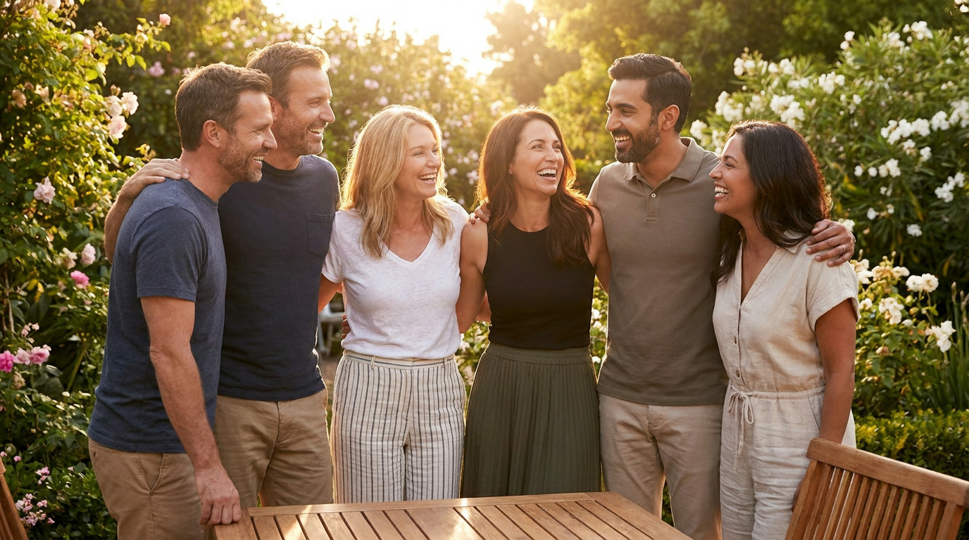 Six people, three men and three women, stand shoulder-to-shoulder, smiling and laughing outdoors in a sunlit garden with flowering bushes, next to a wooden table.