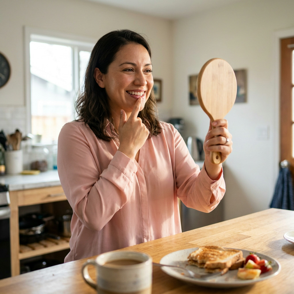 Vanessa smiles, holding a wooden hand mirror, and touches her lip with one finger while sitting at a kitchen island with breakfast and coffee.