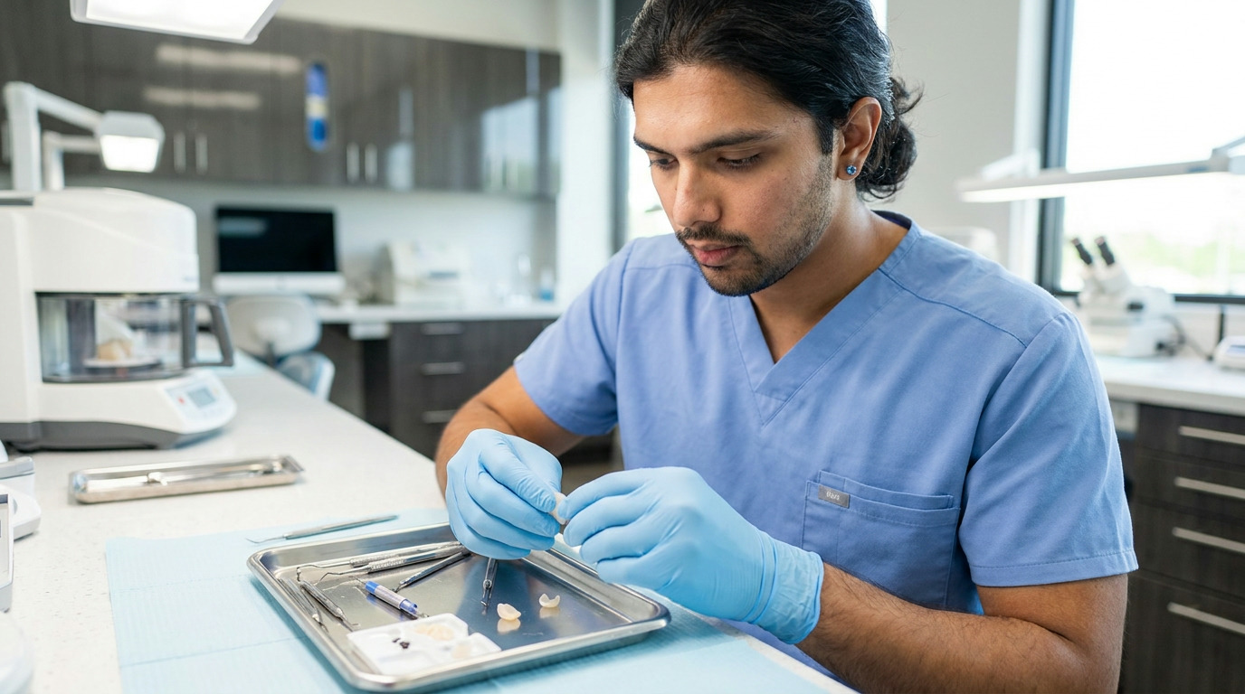 Dr. Karnik Shah, wearing light blue scrubs and gloves, meticulously prepares a small veneer shell on a sterile tray with dental tools in a modern dental lab setting.