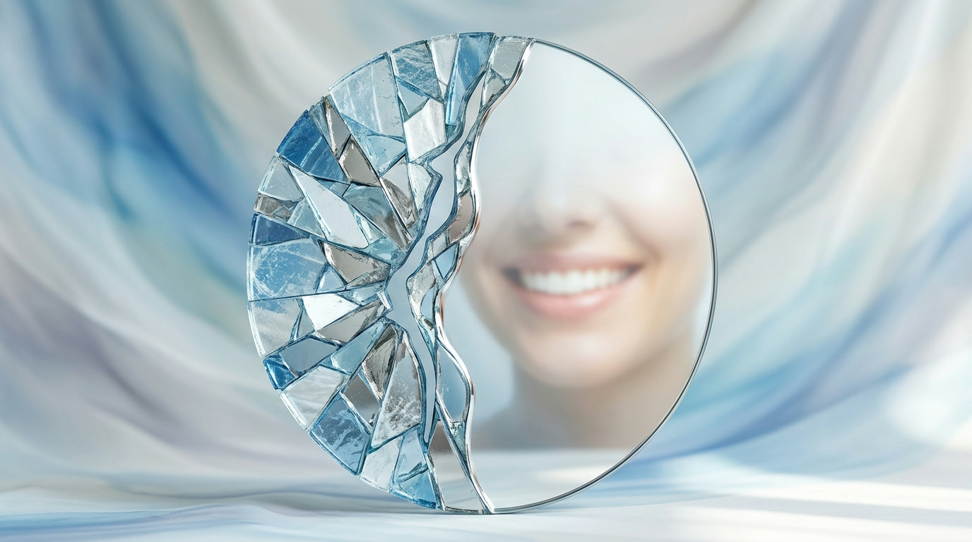 A circular mirror is partially shattered into blue and silver mosaic pieces on the left, while the right side reflects a blurred, smiling face with white teeth, all against a soft blue and white background.