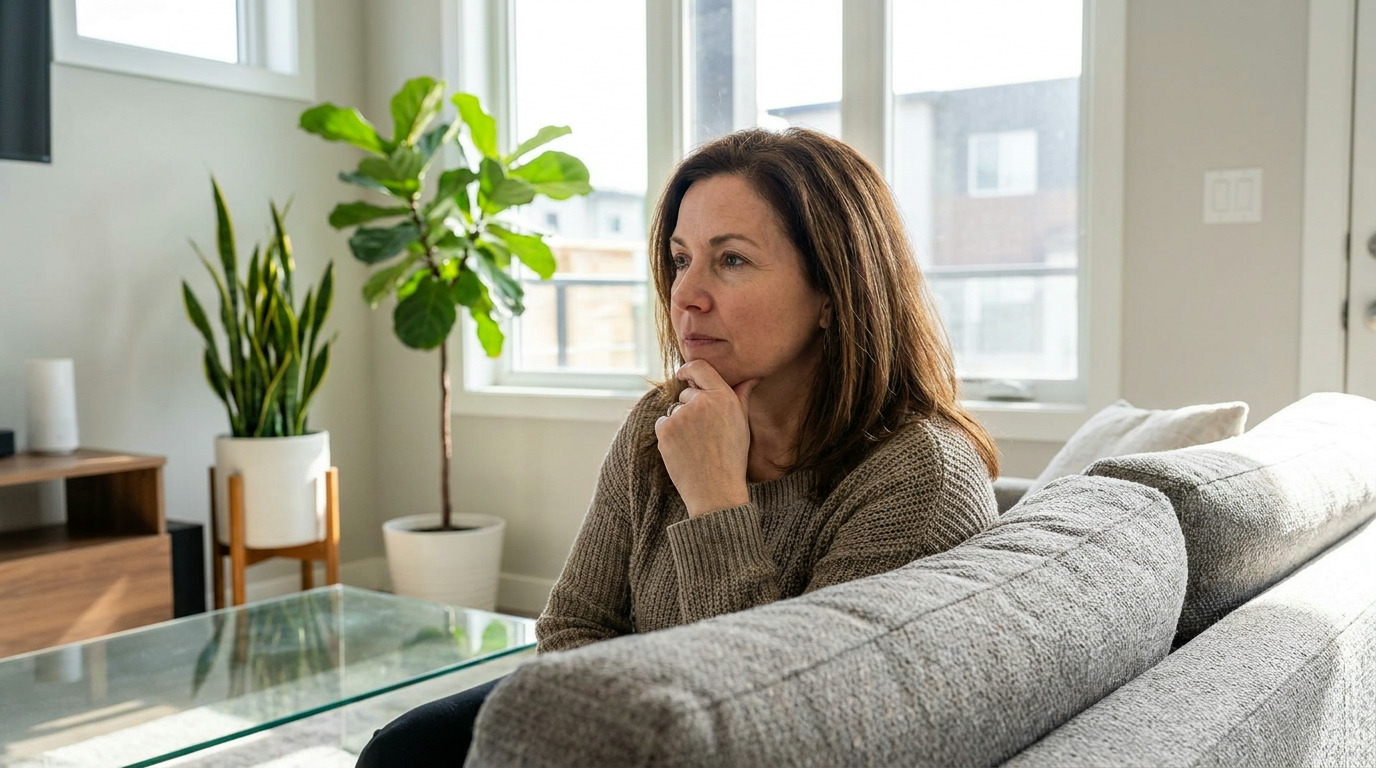 A woman with brown hair in a brown sweater sits on a gray sofa, hand to her chin, looking right, with plants and a window behind her.