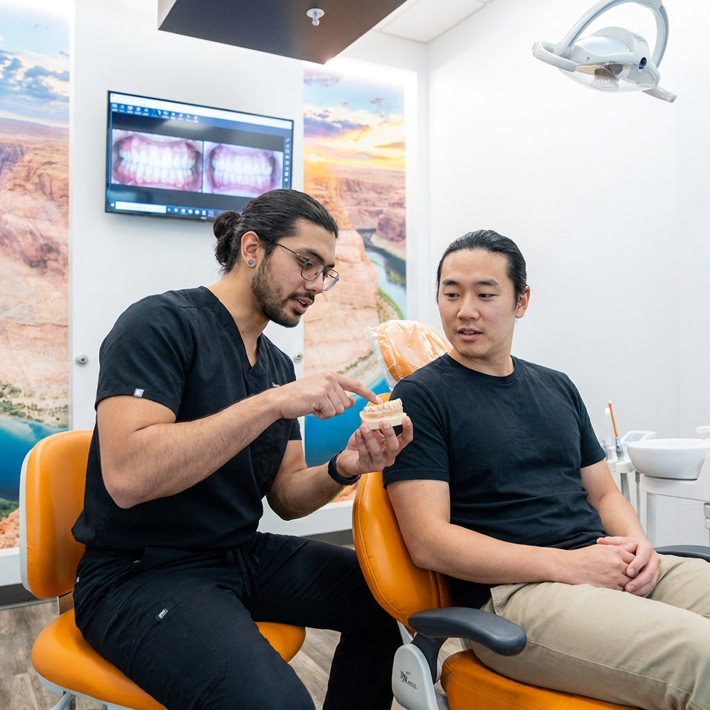 A ComfyDent Smiles dentist in Bee Cave, TX uses a tooth model to explain facial esthetics to a patient during a consultation.