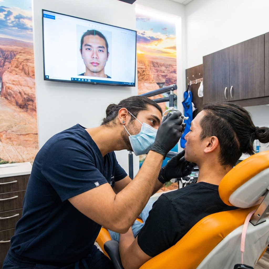 A Bee Cave dentist at ComfyDent Smiles uses a handheld camera for a facial esthetics analysis on an adult patient.