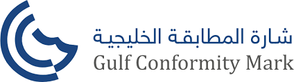 شعار علامة المطابقة الخليجية مع نص اللغة الانجليزية الخليجية المطابقة.