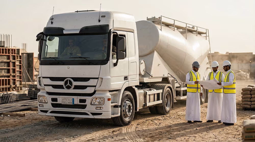 ثلاثة مهندسين يرتدون سترات عالية الرؤية وخوذات يتصفحون مخططات بجانب شاحنة خلاط خرسانة في موقع بناء.