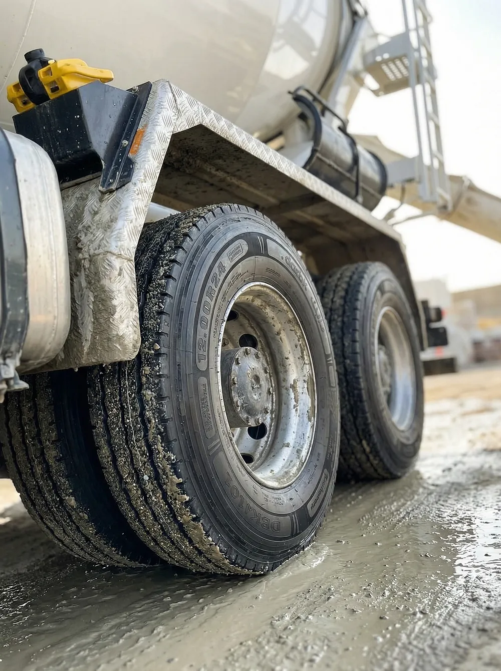 عجلات شاحنة مغطاة بالوحل على أرضية من الطين الرطب في موقع بناء.
