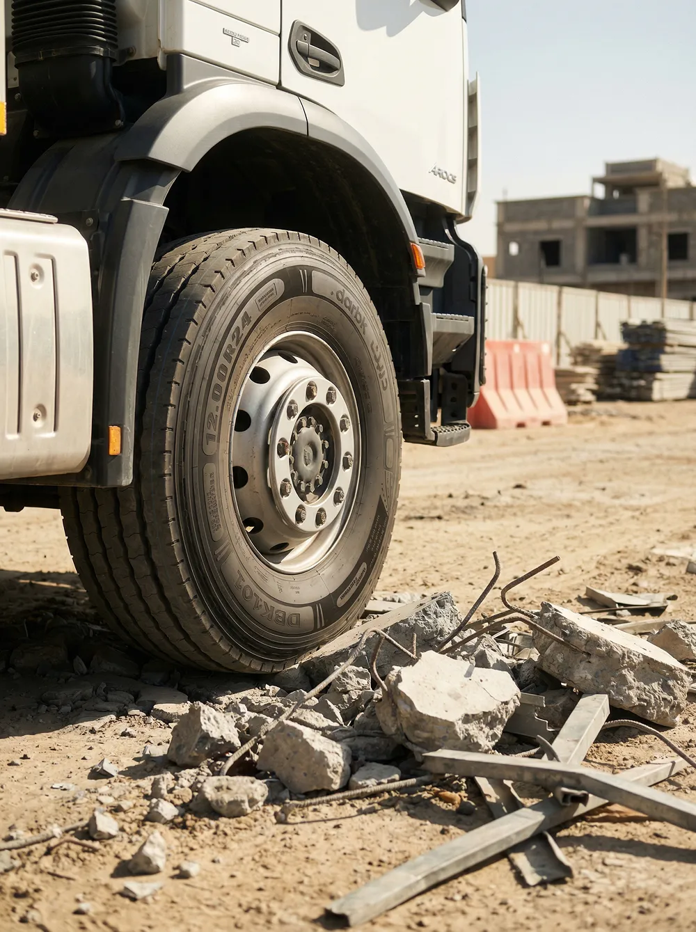 عجلة شاحنة بيضاء بجانب ركام بقطع خرسانية وحديد في موقع بناء.