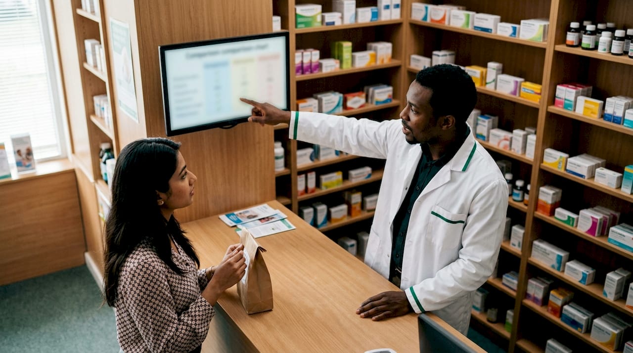 Pharmacist explaining prescription price options
