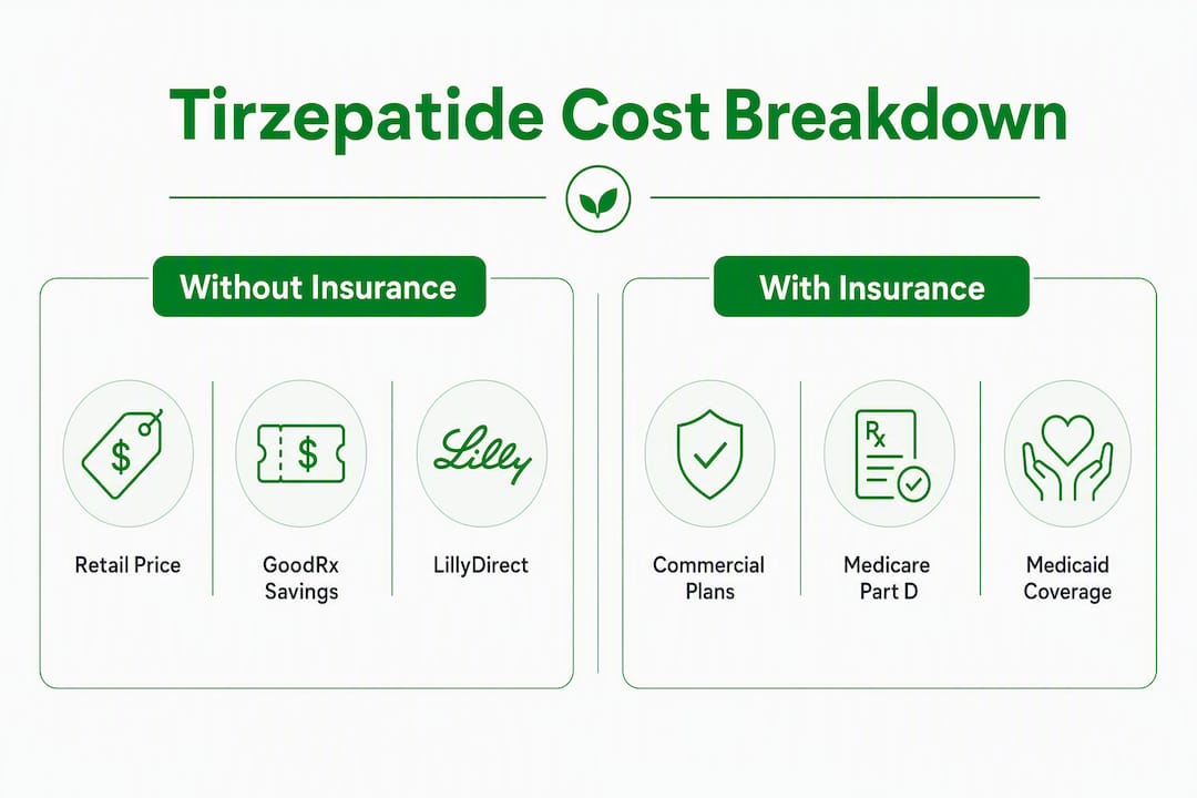 Infographic comparing tirzepatide costs with and without insurance