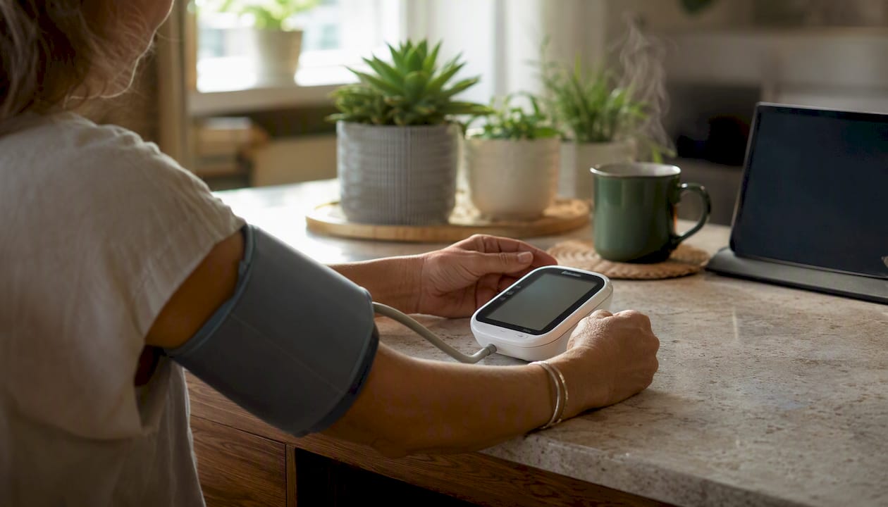 Hands using home blood pressure monitor