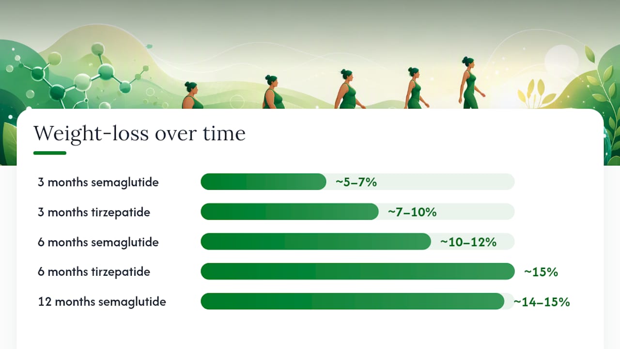 Weight loss percentages over time for semaglutide and tirzepatide