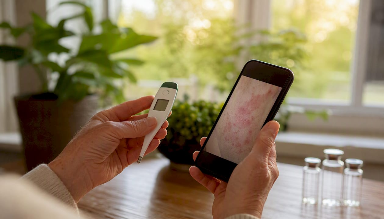 Hands holding thermometer and phone with rash photo