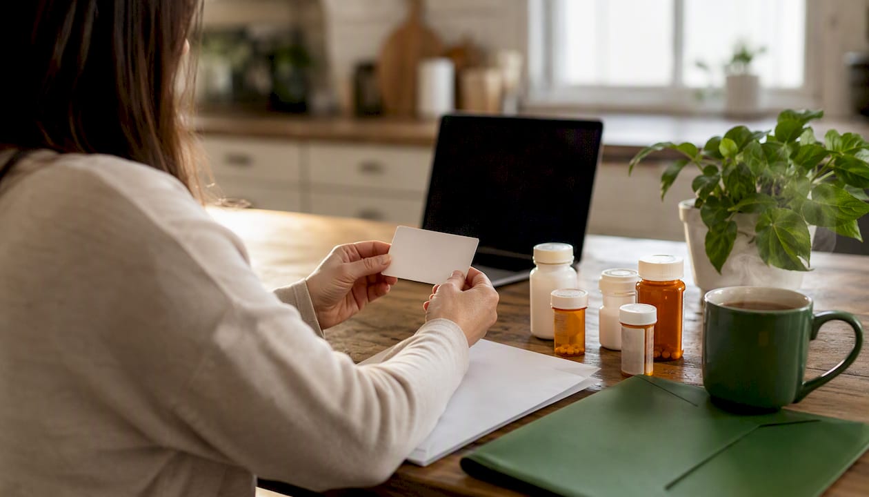 Hands organizing insurance card and medicines on table