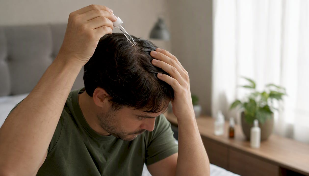 Person applying topical minoxidil to scalp