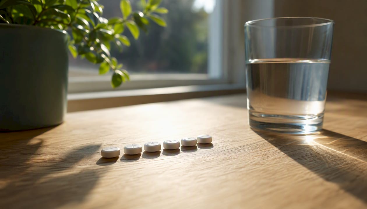 Close-up of oral finasteride tablets and glass of water