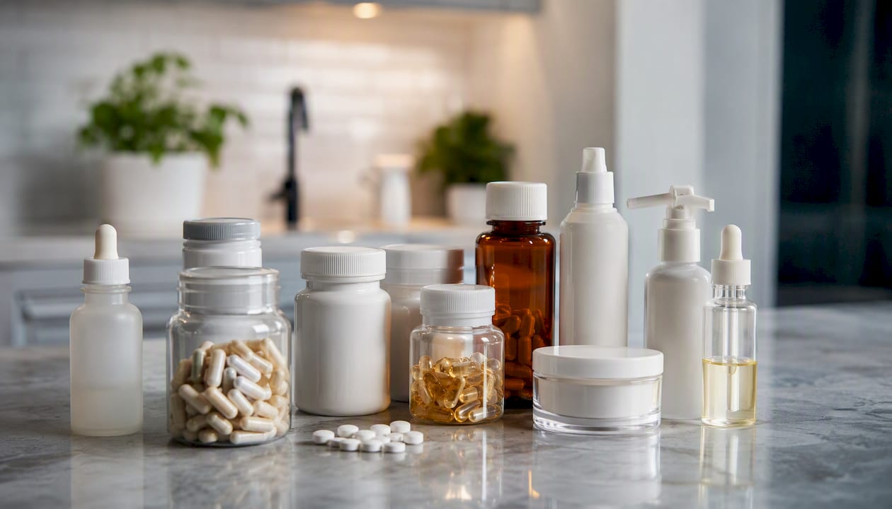 Various prescription bottles and topical medications for hair loss