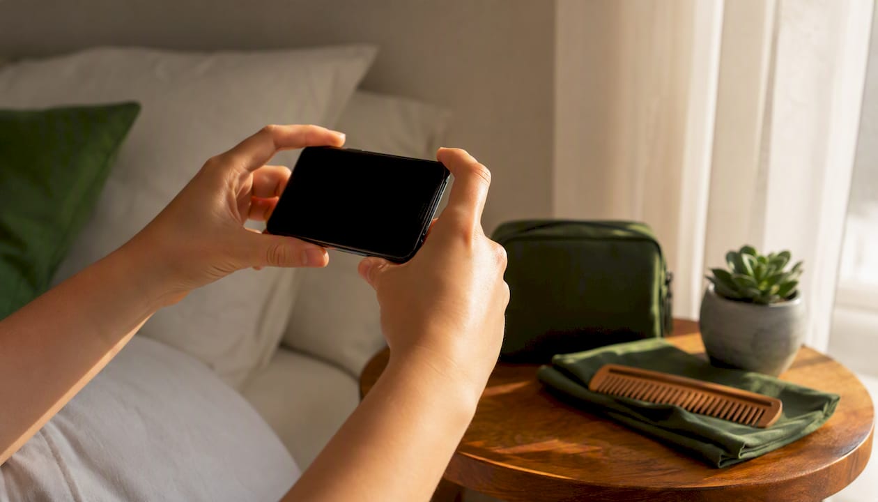 Hands taking scalp photo with smartphone
