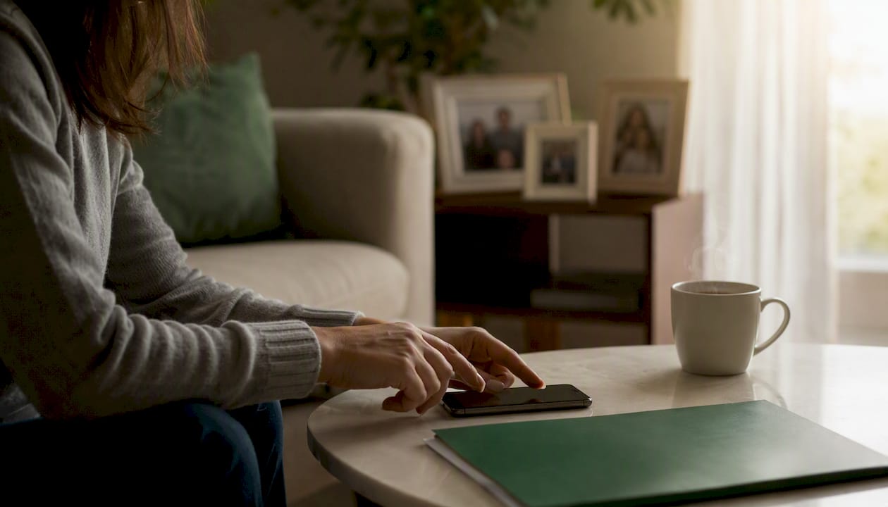 Hands by phone and medical folder on desk