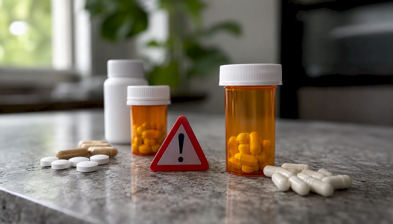 Medication with red warning symbol about counterfeits