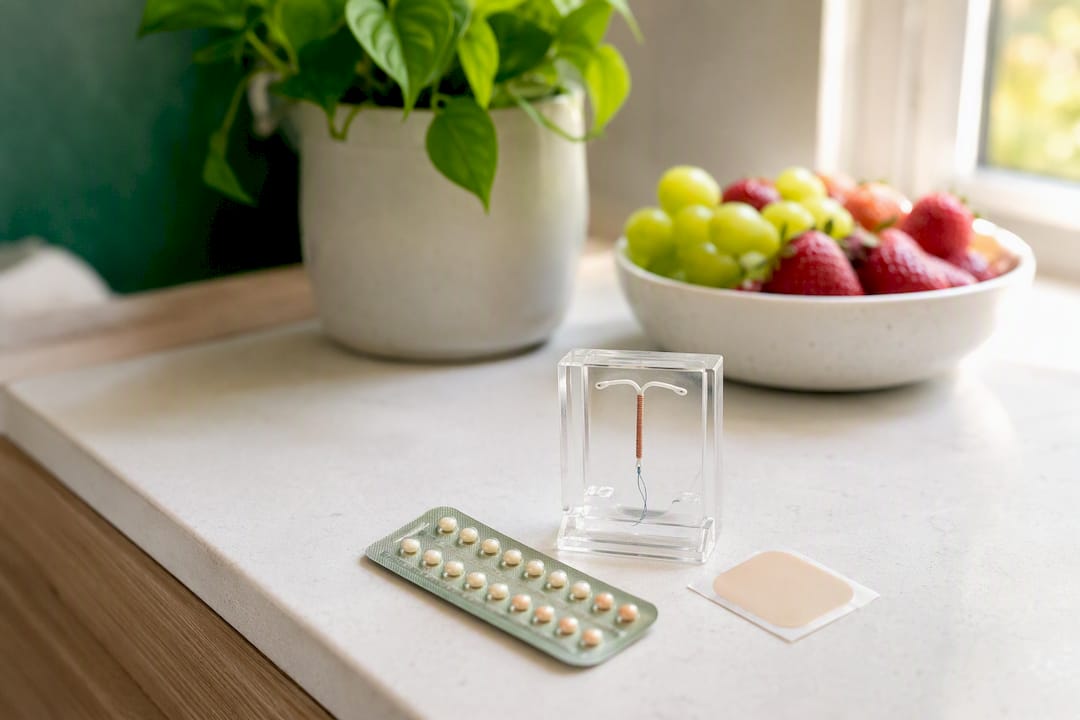 Birth control methods and calendar on table