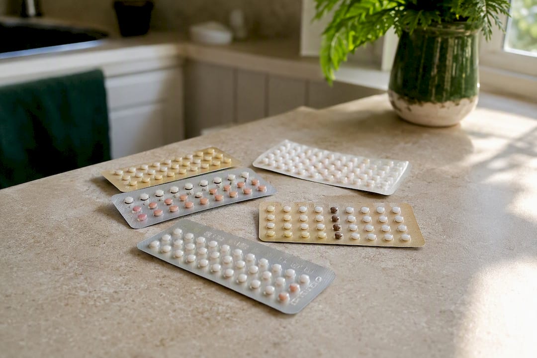 Various types of birth control pill packs laid out