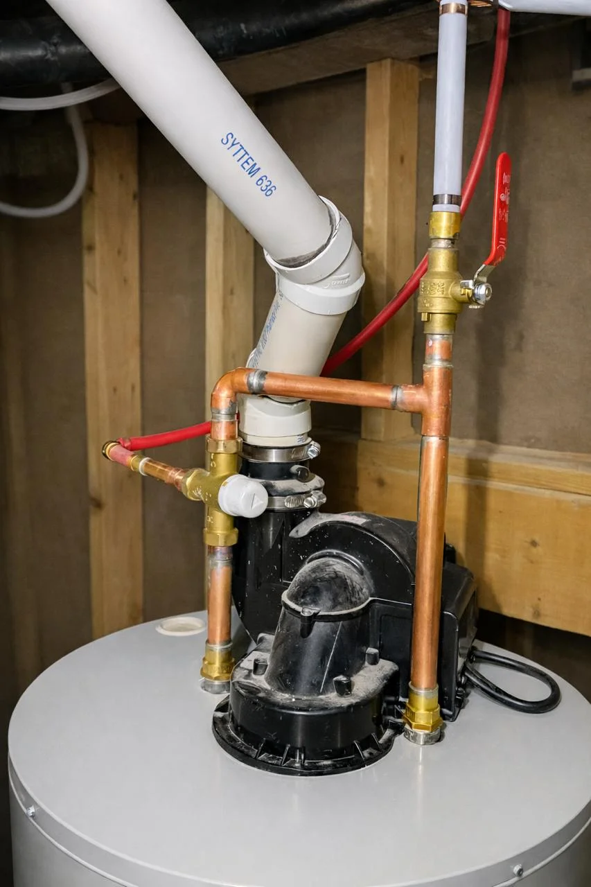 Water heater top showing mixing valve and copper pipe connections - Hive 5 Plumbing Vaughan
