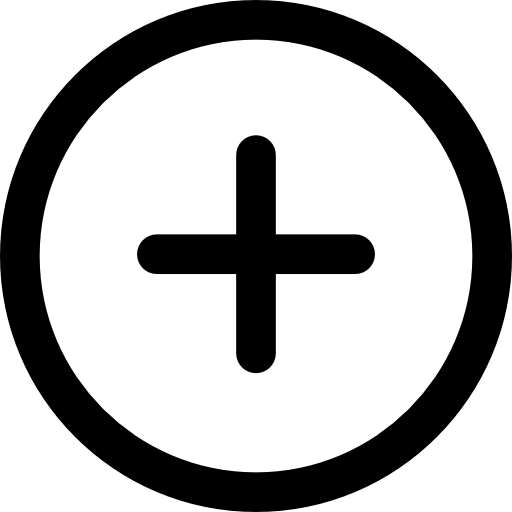 Black plus sign inside a black circle on a white background.