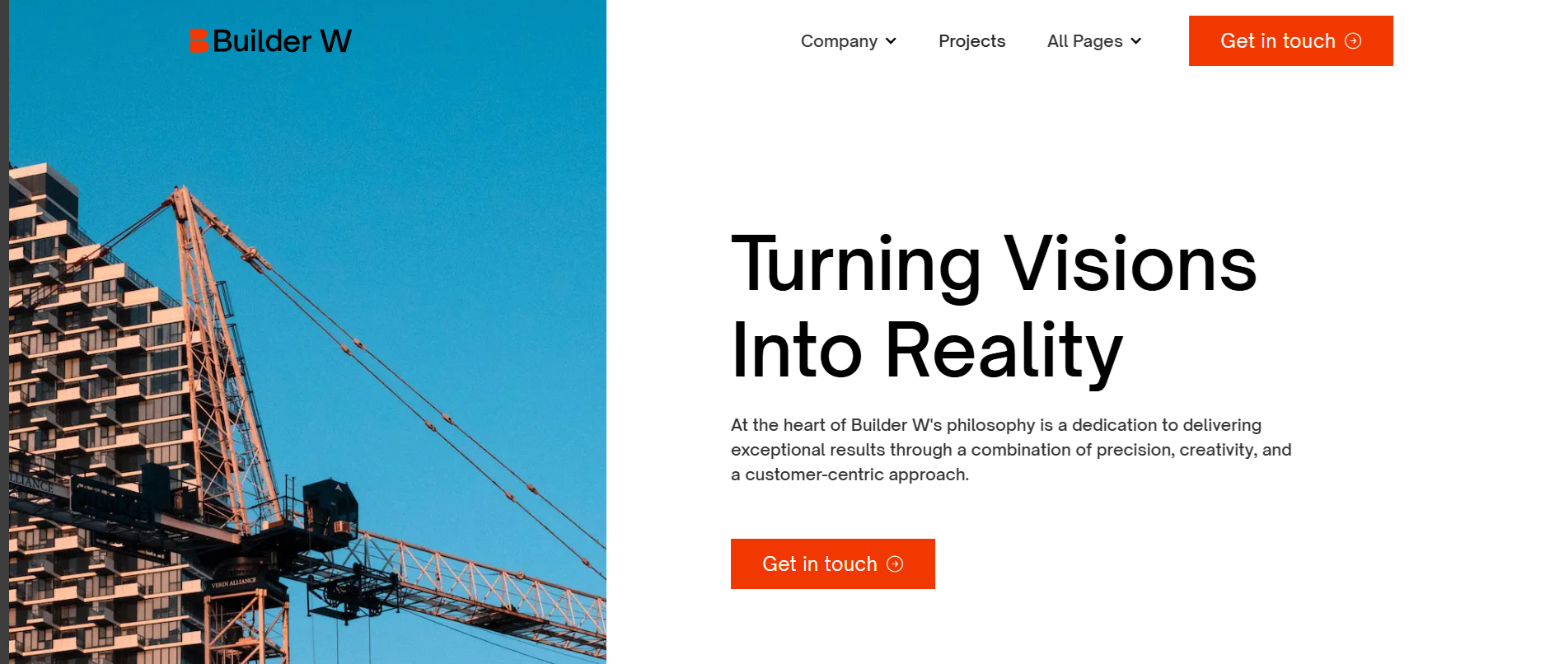 Construction crane beside modern building and website header with Builder W tagline and contact button.