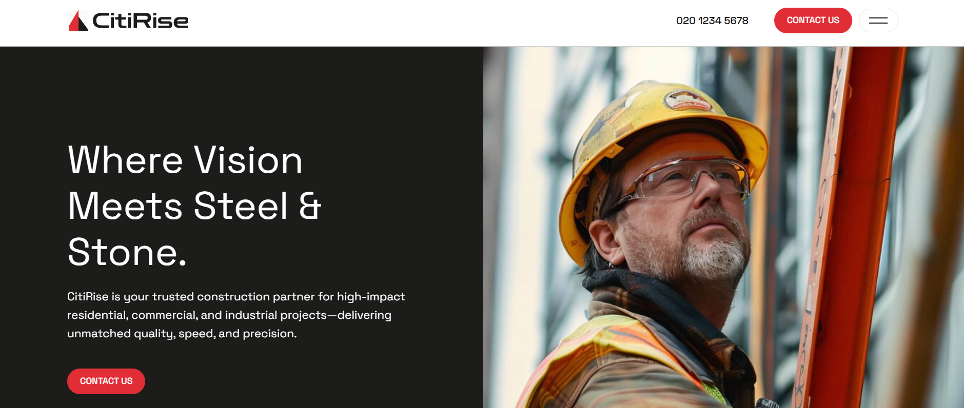 Construction worker wearing yellow hard hat and glasses inspecting orange steel beam.