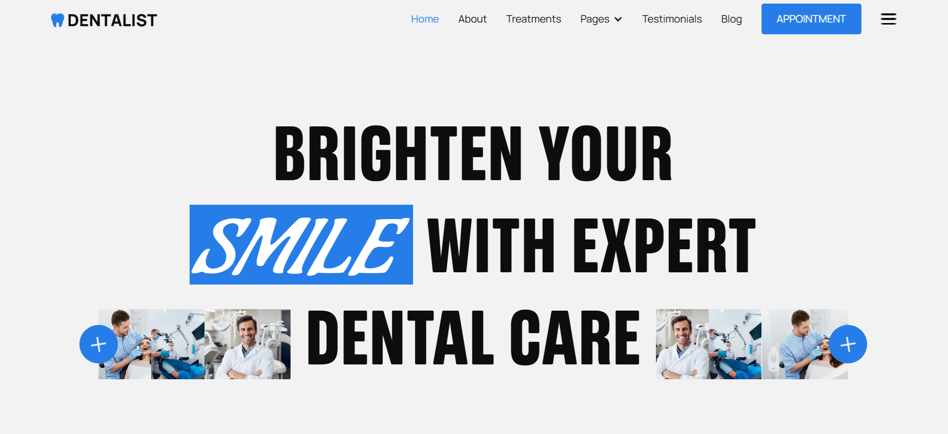 Website header for Dentalist with text brightening smiles and images of dentists with patients.