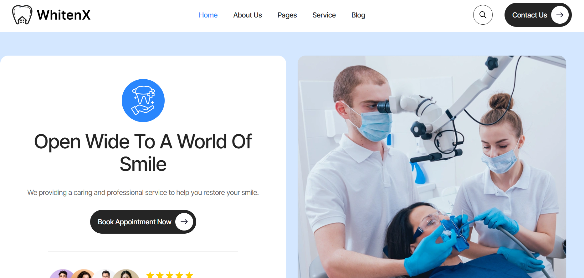 Dentists wearing masks and gloves examining a patient using specialized dental equipment.