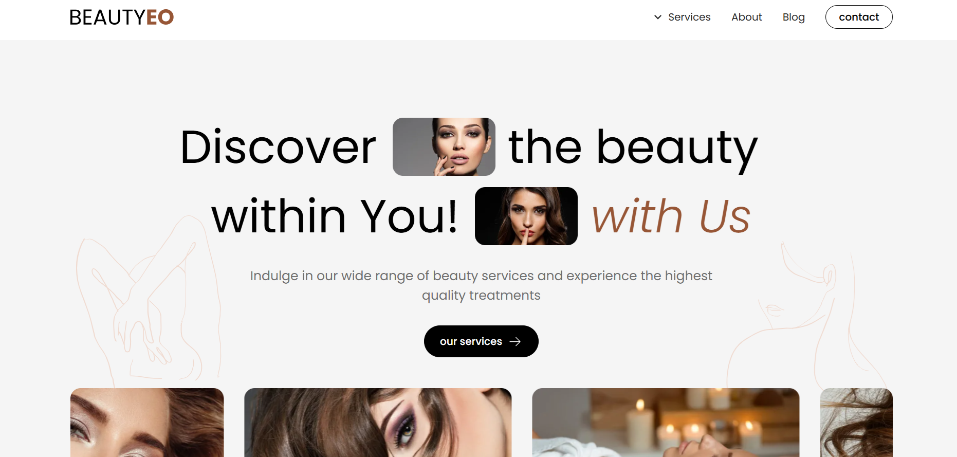 Website homepage for BeautyEO with tagline, beauty portraits, and a services button.