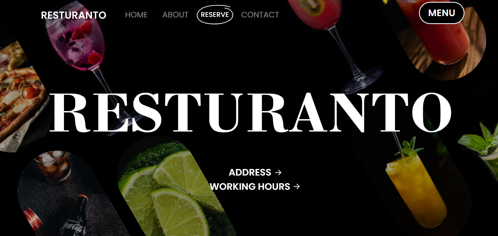 Cocktails and pizza surrounding the text RESTURANTO with navigation menu and options.