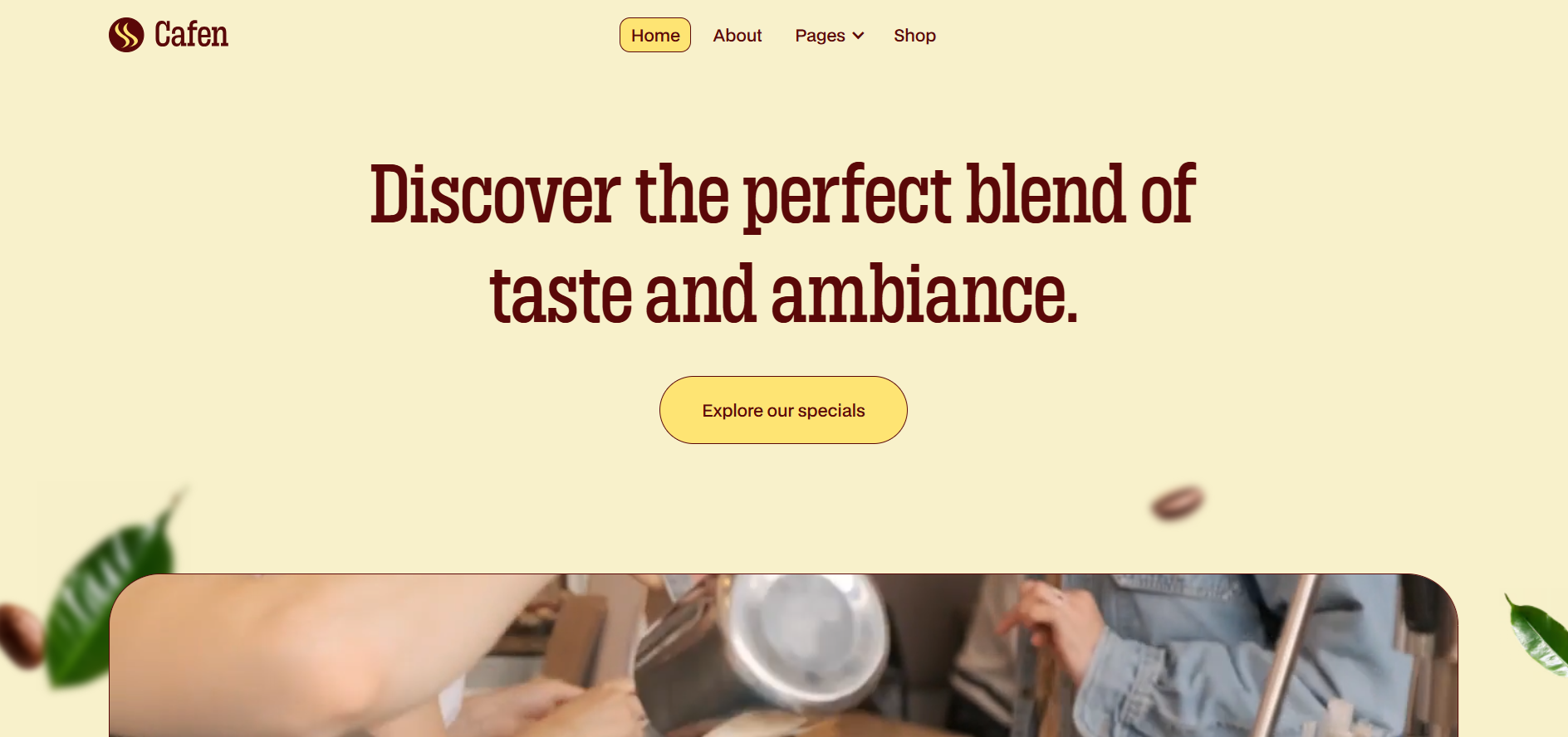 Website header with Cafen logo, menu, tagline, and button over coffee-themed background.