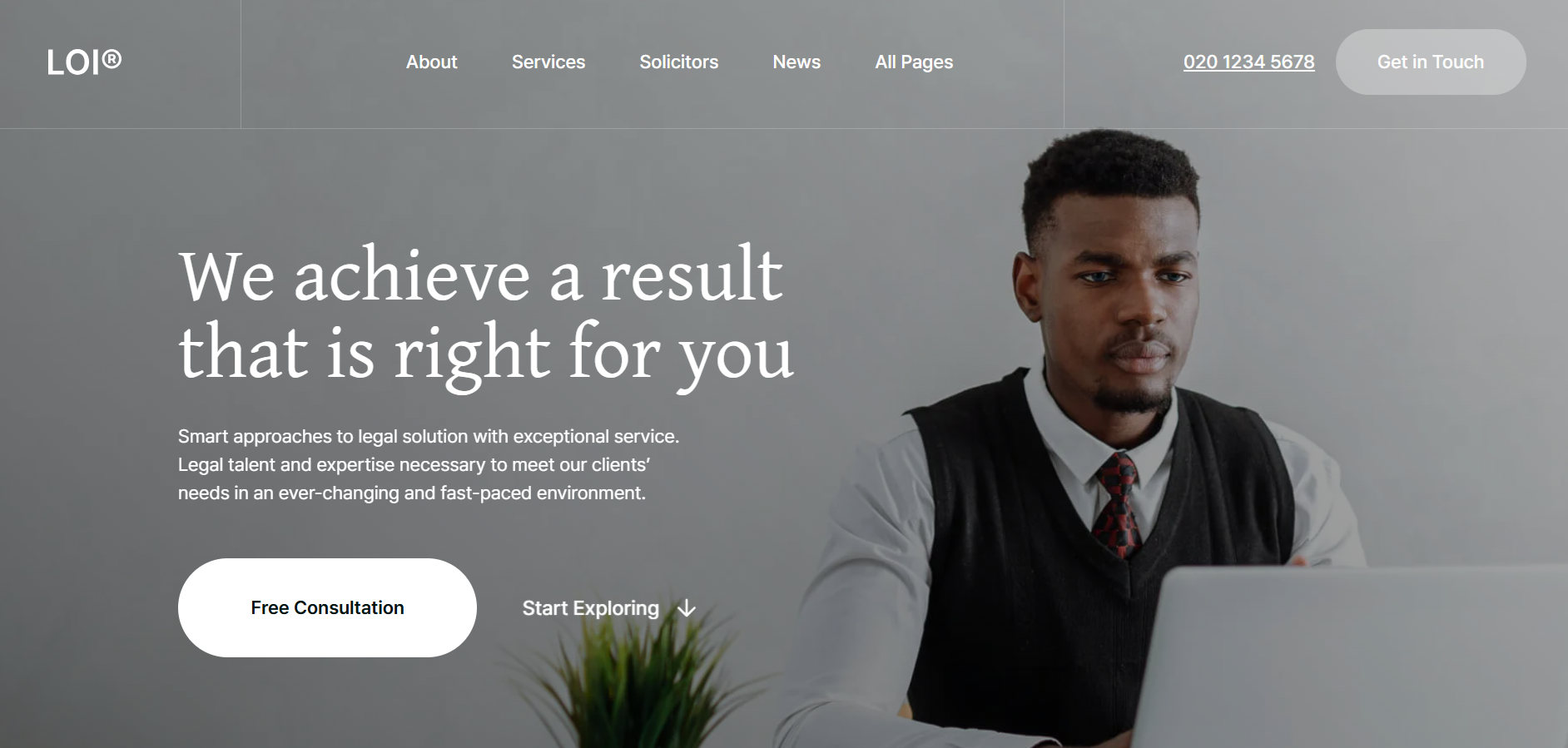Professional man in shirt and tie working on laptop with legal service text and menu bar overlay.
